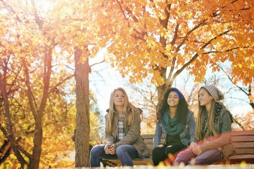 Thumbnail for Teens on bench surrounded by fall leaves